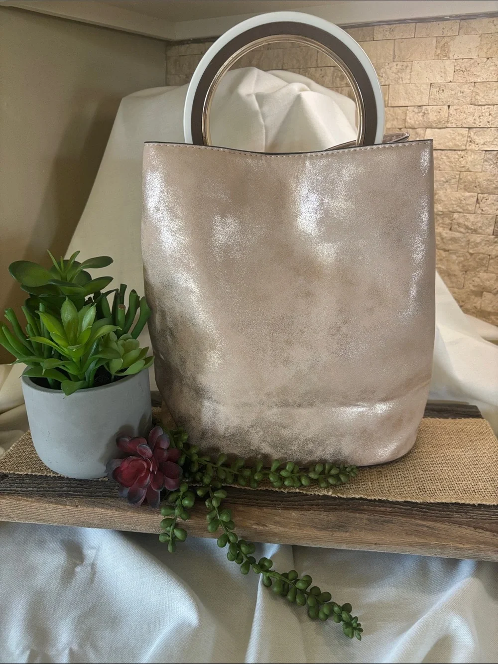 Metallic Taupe Tote with Circular Handles